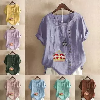 Женская модная футболка с круглым вырезом и коротким рукавом с принтом «Корона», повседневная рубашка из хлопка и льна с рисунком, свободная летняя блузка для отдыха, топы S розовый