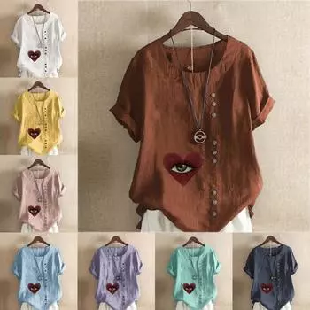 Женская модная футболка с круглым вырезом и коротким рукавом с сердечком, повседневная хлопково-льняная рубашка с рисунком, свободная летняя блузка для отдыха, топы S розовый