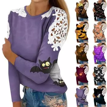 Женская модная футболка с круглым вырезом и длинным рукавом с принтом на Хэллоуин L чёрный