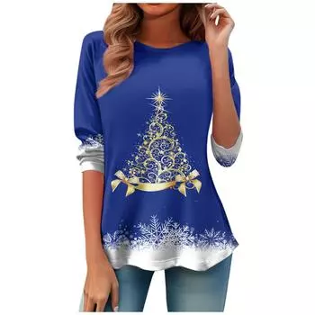 Женская модная футболка с круглым вырезом и длинным рукавом с рождественским принтом и талией L синий