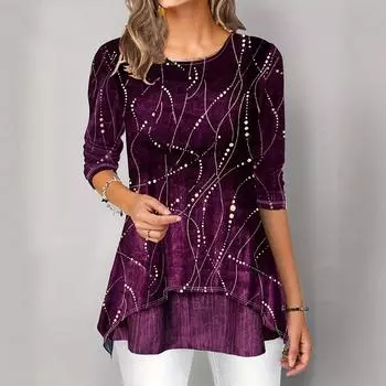 Женская модная футболка с круглым вырезом и цифровым принтом, облегающая, с длинными рукавами S фиолетовый