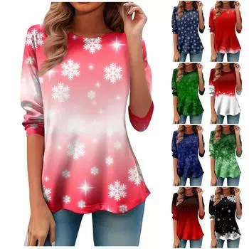 Женская модная футболка с круглым вырезом и длинным рукавом с рождественским принтом и талией XL чёрный