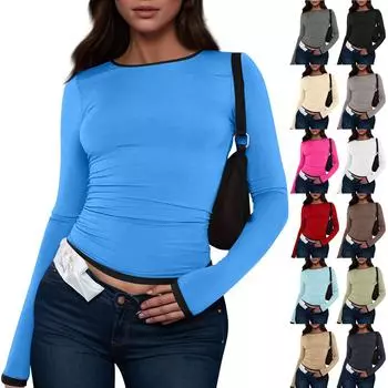 Женская модная футболка с круглым вырезом и длинными рукавами в стиле колор-блокинг L бежевый