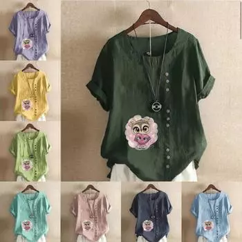 Женская модная футболка с круглым вырезом и коротким рукавом, повседневная хлопковая льняная рубашка с рисунком, свободная летняя блузка с милым принтом совы, топы больших размеров S розовый