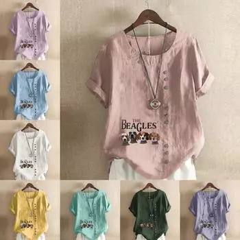 Женская модная футболка с круглым вырезом и коротким рукавом, повседневная рубашка из хлопка и льна с принтом, свободная летняя блузка с принтом «Четыре маленьких собачки», топы S розовый