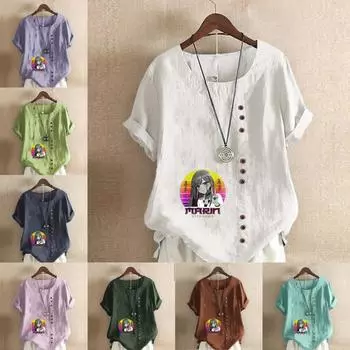 Женская модная футболка с круглым вырезом и коротким рукавом, повседневная хлопково-льняная рубашка с рисунком, свободная летняя блузка с принтом для девочек, топы S розовый