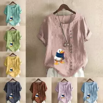 Женская модная футболка с круглым вырезом и коротким рукавом, повседневная рубашка из хлопка и льна с рисунком, свободная летняя блузка с принтом утки, топы S розовый