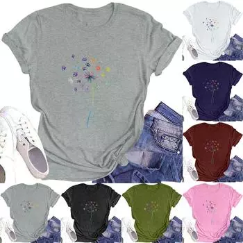 Женская модная футболка с круглым вырезом и коротким рукавом, повседневный топ с цветочным принтом L армия зеленый