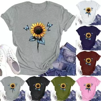 Женская модная футболка с круглым вырезом и коротким рукавом, повседневный топ с принтом подсолнуха L армия зеленый