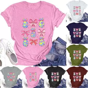 Женская модная футболка с круглым вырезом и коротким рукавом, повседневный топ с пасхальным принтом L винный
