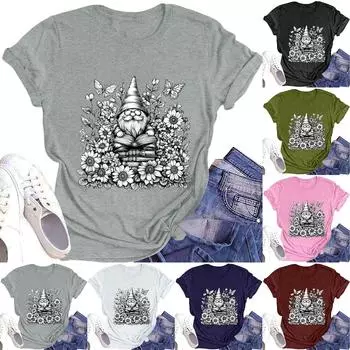 Женская модная футболка с круглым вырезом и коротким рукавом с принтом гнома и цветочным принтом S чёрный