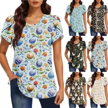 Женская модная футболка с круглым вырезом и коротким рукавом с принтом, повседневная, базовая, плиссированная, пуловер L синий