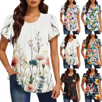 Женская модная футболка с круглым вырезом и коротким рукавом с принтом, повседневная, базовая, плиссированная, пуловер S чёрный