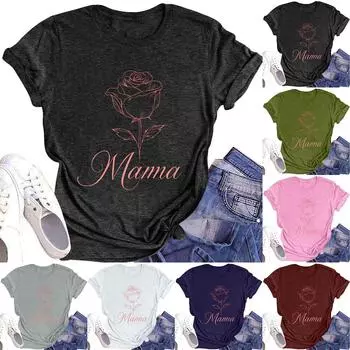 Женская модная футболка с круглым вырезом и коротким рукавом, повседневный топ с принтом ко Дню матери M тёмно-синий