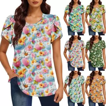 Женская модная футболка с круглым вырезом и коротким рукавом с принтом, повседневная, базовая, плиссированная, пуловер L