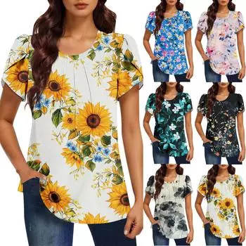 Женская модная футболка с круглым вырезом и коротким рукавом с принтом, повседневная, базовая, плиссированная, пуловер XXL зелёный