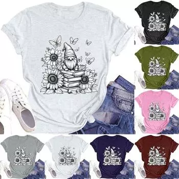 Женская модная футболка с круглым вырезом и коротким рукавом с принтом гнома и цветочным принтом L розовый