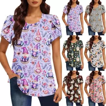 Женская модная футболка с круглым вырезом и коротким рукавом с принтом, повседневная, базовая, плиссированная, пуловер XL фиолетовый
