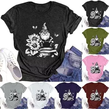 Женская модная футболка с круглым вырезом и коротким рукавом с принтом гнома и цветочным принтом XXL