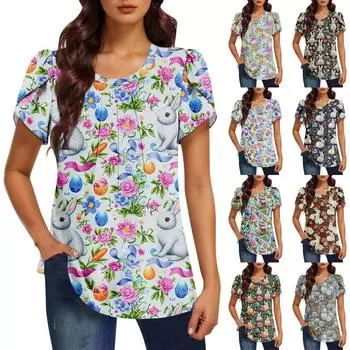 Женская модная футболка с круглым вырезом и коротким рукавом с принтом, повседневная, базовая, плиссированная, пуловер XL синий