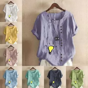 Женская модная футболка с круглым вырезом и коротким рукавом, повседневная хлопковая льняная рубашка с рисунком, свободная летняя блузка с принтом в виде лампочки, топы S розовый