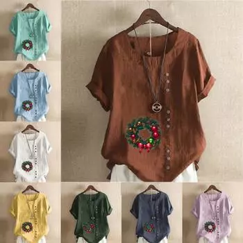 Женская модная футболка с круглым вырезом и коротким рукавом, повседневная рубашка из хлопка и льна с рисунком, летняя блузка с рождественским принтом, топы больших размеров 3XL синий