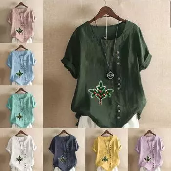 Женская модная футболка с круглым вырезом и коротким рукавом, повседневная хлопковая льняная рубашка с рисунком, летняя блузка с принтом и звенящими колокольчиками, топы больших размеров 3XL синий