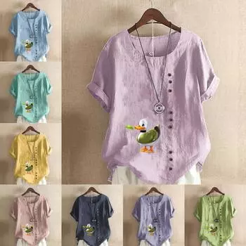Женская модная футболка с круглым вырезом и коротким рукавом, повседневная рубашка из хлопка и льна с рисунком, свободная летняя блузка с принтом утки, топы S розовый