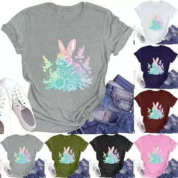 Женская модная футболка с круглым вырезом и коротким рукавом, повседневный топ с пасхальным принтом L армия зеленый