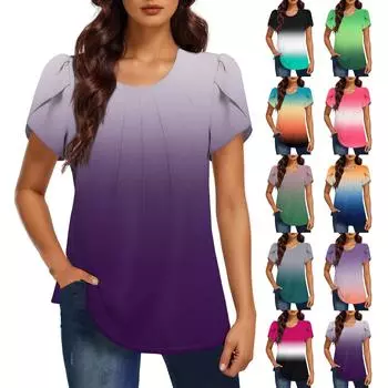 Женская модная футболка с круглым вырезом и коротким рукавом с градиентным принтом, повседневная базовая плиссированная футболка-пуловер XXL циан