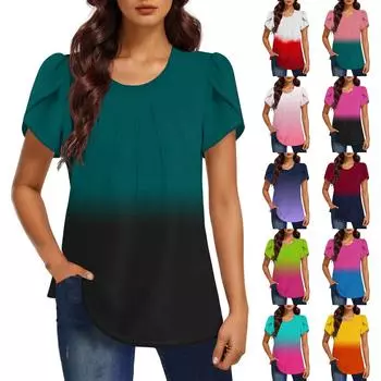 Женская модная футболка с круглым вырезом и коротким рукавом с градиентным принтом, повседневная базовая плиссированная футболка-пуловер M красный