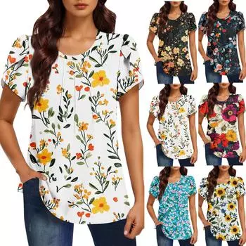 Женская модная футболка с круглым вырезом и коротким рукавом с принтом, повседневная, базовая, плиссированная, пуловер L красный