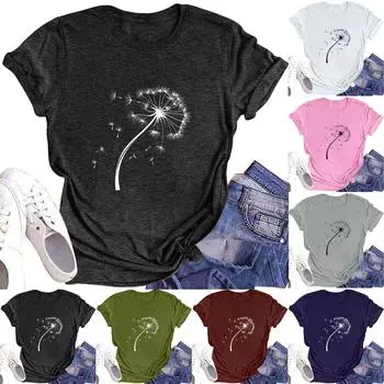 Женская модная футболка с круглым вырезом и коротким рукавом, повседневный топ с цветочным принтом L армия зеленый