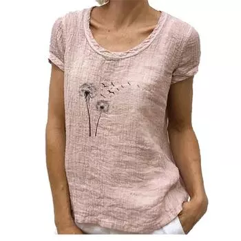Женская модная футболка с круглым вырезом из хлопка и льна, весна-лето, повседневная блузка с коротким рукавом и принтом S розовый