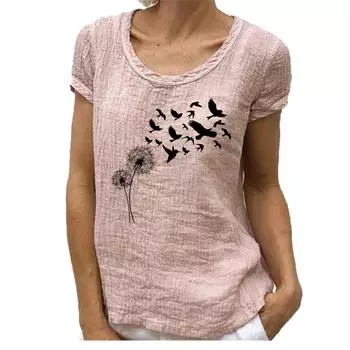 Женская модная футболка с круглым вырезом из хлопка и льна, весна-лето, повседневная блузка с коротким рукавом и принтом S розовый