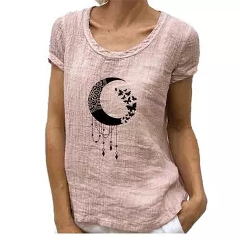 Женская модная футболка с круглым вырезом из хлопка и льна, весна-лето, повседневная блузка с коротким рукавом и принтом S розовый