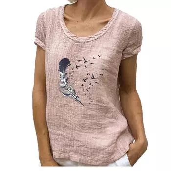 Женская модная футболка с круглым вырезом из хлопка и льна, весна-лето, повседневная блузка с коротким рукавом и принтом S розовый