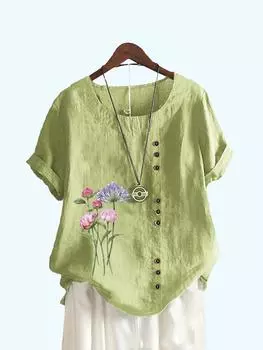 Женская модная футболка с круглым вырезом, летний топ с цветочным принтом и коротким рукавом, женские повседневные свободные блузки больших размеров S коричневый