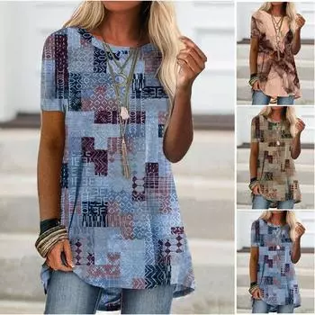 Женская модная футболка с круглым вырезом, летняя повседневная футболка с коротким рукавом и цифровым принтом, пуловер, свободный длинный топ S хаки