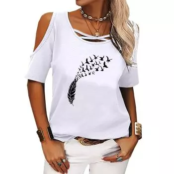 Женская модная футболка с круглым вырезом, летняя футболка с открытыми плечами, повседневная футболка с коротким рукавом и принтом S розовый