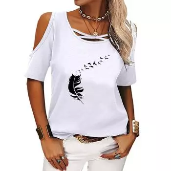 Женская модная футболка с круглым вырезом, летняя футболка с открытыми плечами, повседневная футболка с коротким рукавом и принтом S розовый