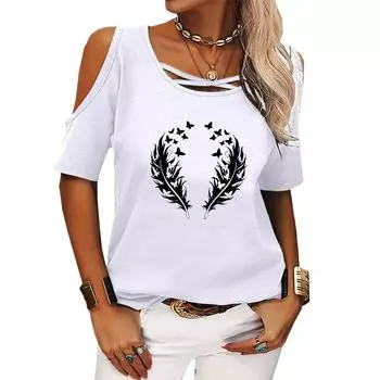 Женская модная футболка с круглым вырезом, летняя футболка с открытыми плечами, повседневная футболка с коротким рукавом и принтом S розовый