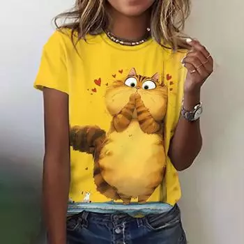 Женская модная футболка с круглым вырезом, летняя одежда, забавная повседневная футболка с коротким рукавом и принтом кота, модная свободная футболка, женская одежда S