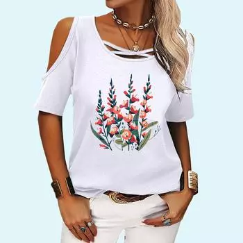 Женская модная футболка с круглым вырезом, летняя футболка с открытыми плечами и коротким рукавом, повседневная футболка с цветочным принтом S розовый