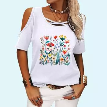 Женская модная футболка с круглым вырезом, летняя футболка с открытыми плечами и коротким рукавом, повседневная футболка с цветочным принтом S розовый
