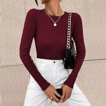 Женская модная футболка с круглым вырезом, облегающая, с длинным рукавом, пуловер, однотонный топ L винный