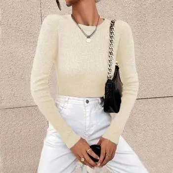 Женская модная футболка с круглым вырезом, облегающая, с длинным рукавом, пуловер, однотонный топ L бежевый