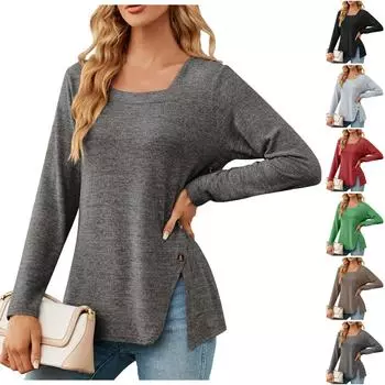 Женская модная футболка с квадратным вырезом и пуговицами, свободный однотонный топ с длинным рукавом L чёрный