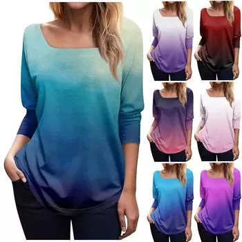Женская модная футболка с квадратным вырезом и длинным рукавом с градиентным принтом, топ L синий