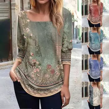 Женская модная футболка с квадратным вырезом и длинным рукавом в стиле ретро с цветочным принтом, топ L синий